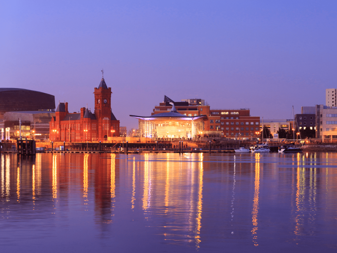 The Senedd and Cardiff Bay at dusk