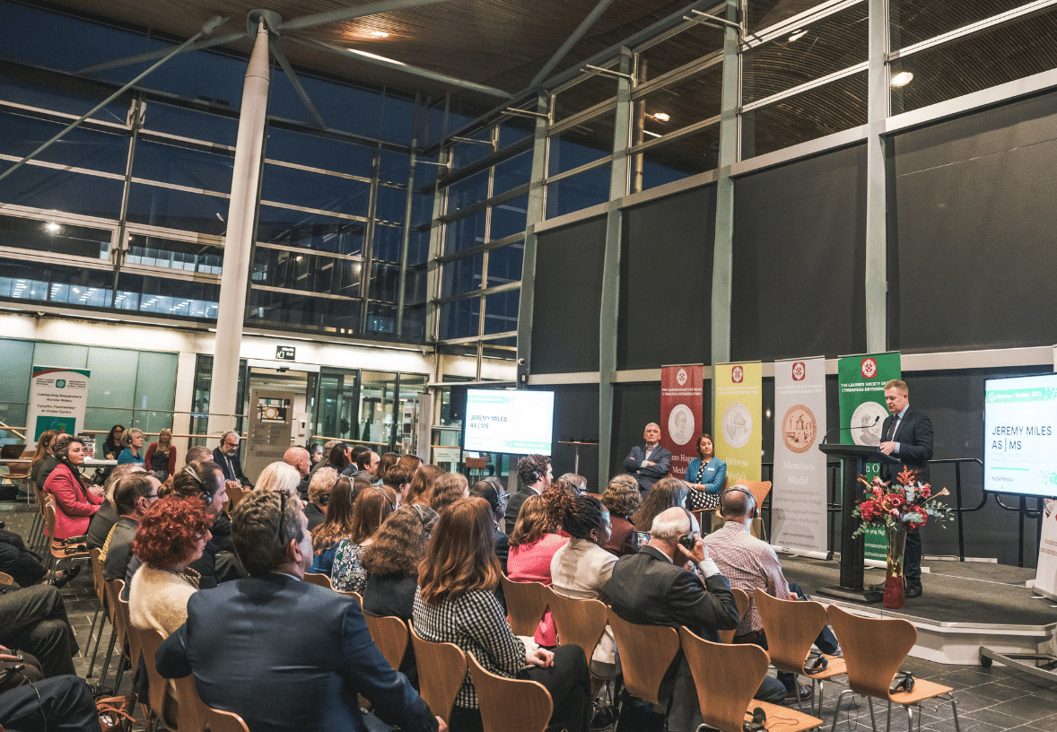 Jeremy Miles MS talking at the LSW medal ceremony 2023 at the Senedd, Cardiff.