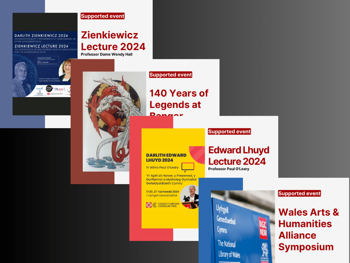 A collage of four graphics promoting recent Learned Society of Wales supported events.