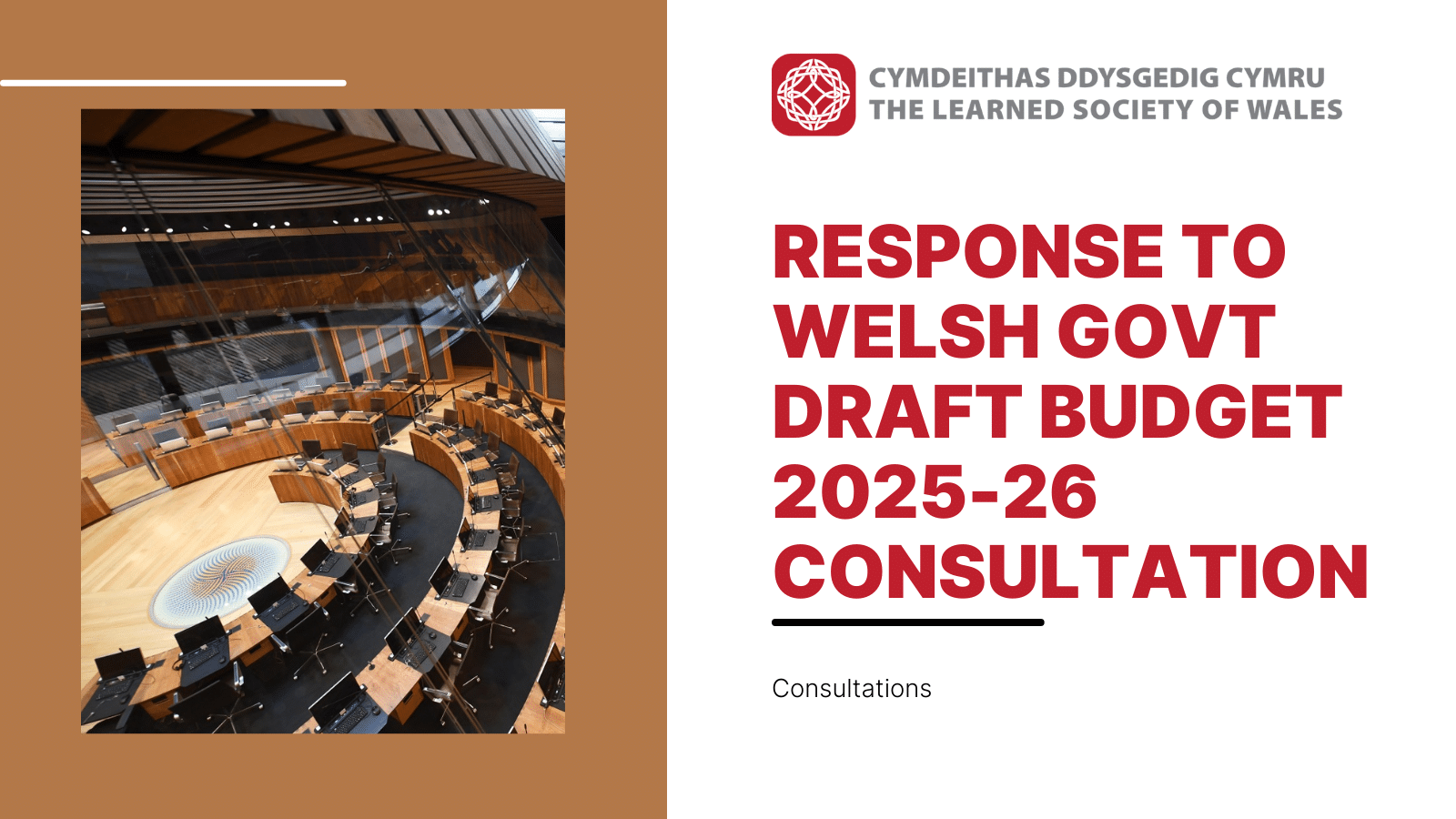 Graphic of the front cover to the LSW response to Welsh Govt draft budget 2025-26 consultation, with a photo of the inside of the Senedd building in Cardiff.